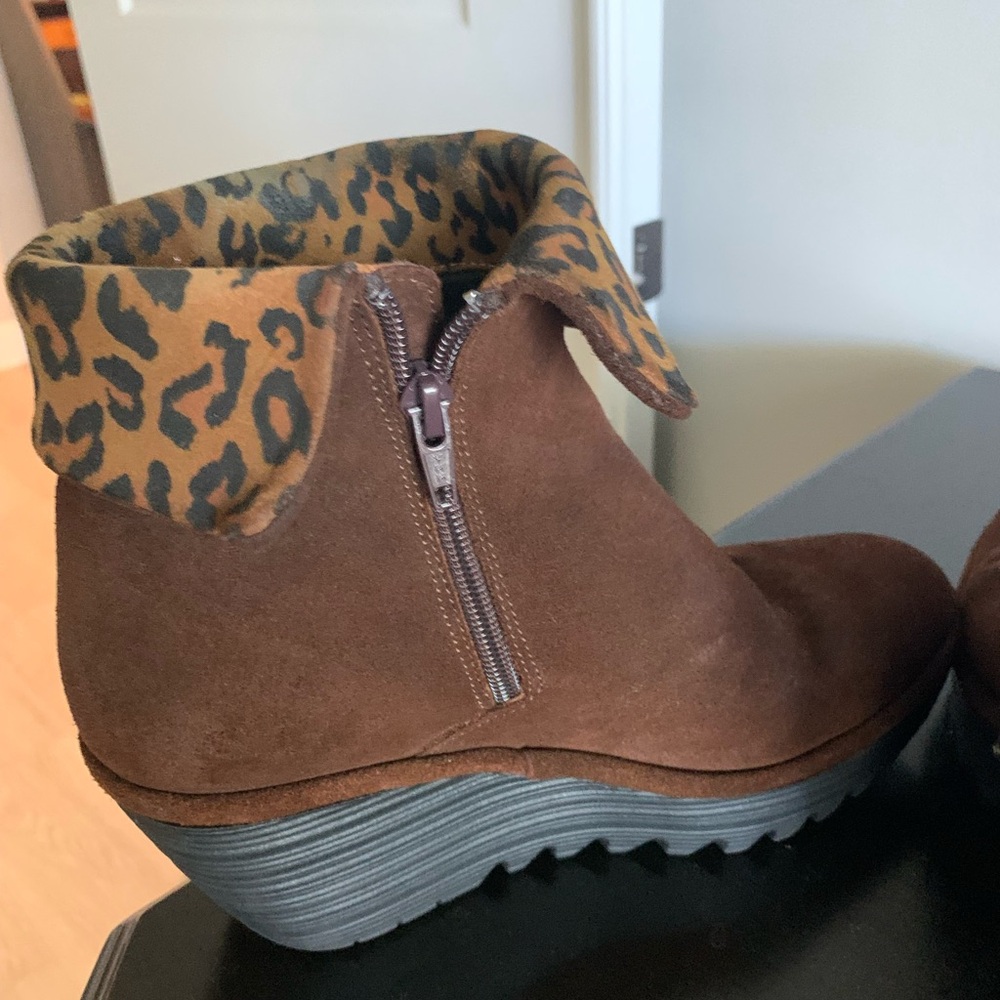 Fly London Chocolate Ankle Boots with Animal Print Lining